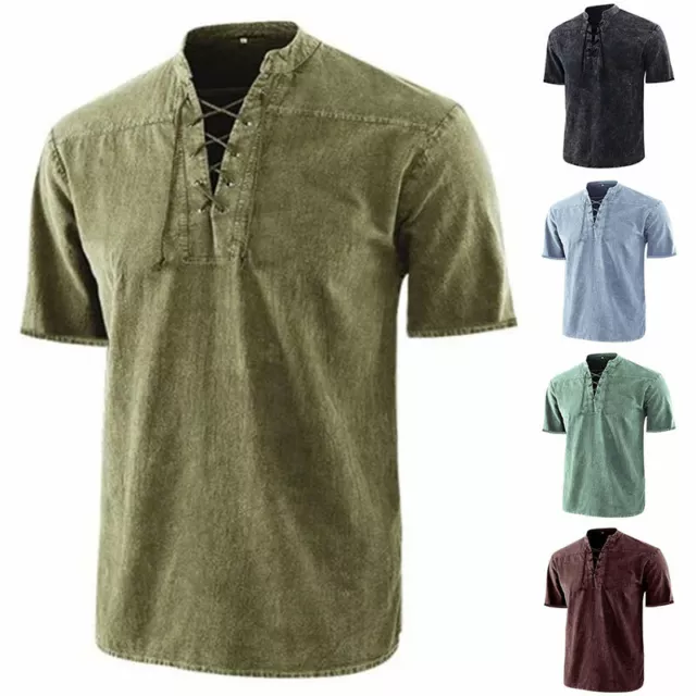 Mens Summer Casual Solid Short Sleeve T Shirt Grandad Collar Tops Muscle Shirts