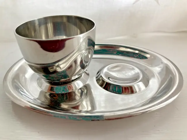 Vintage Old Hall Stainless Steel Egg Cup on Dish with Spoon Rest