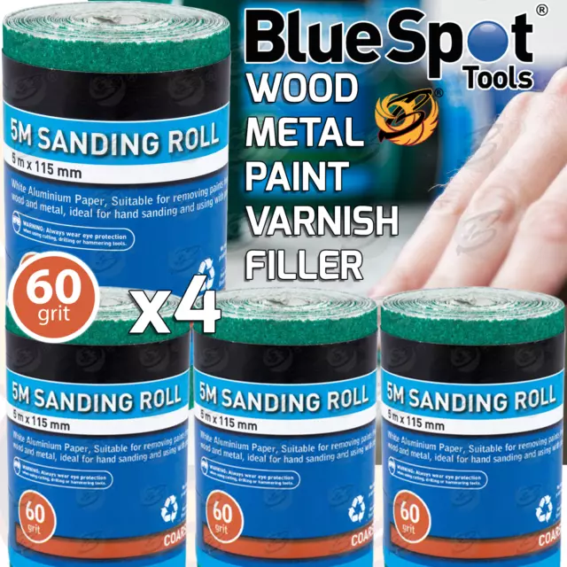 Sandpaper 5m Sanding Roll 60 GRIT Aluminium Oxide Sand Paper 115mm Anti Clog x4