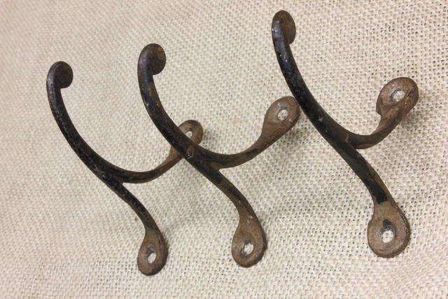 3 Old Single Coat Hooks Farm School House 1850’s Vintage Rustic Cast Iron 3"