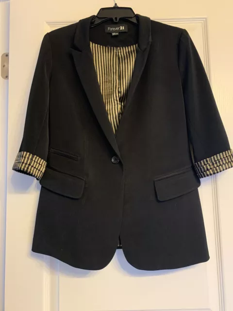 Forever 21 Black Blazer Gold Striped Lining Cuffed 3/4 Sleeves Size Medium