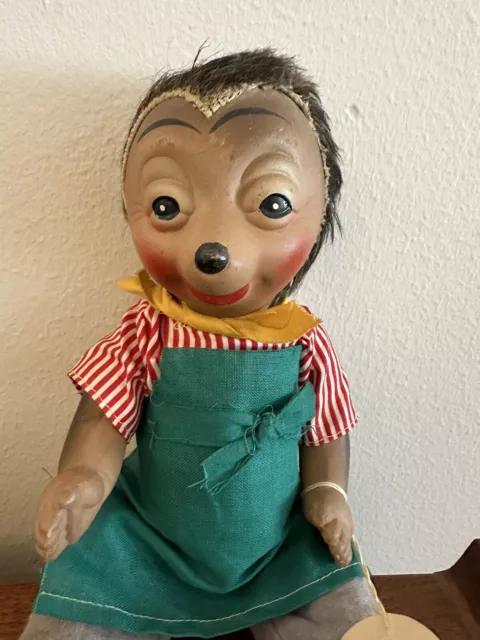 VINTAGE German Mecki Hedgehog Celluloid Doll Toy Figure 10.5” w/ Orig tag Fipps 2