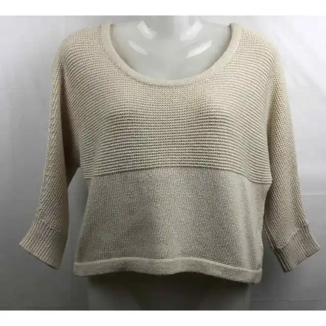 Forever 21 Crop Sweater Women M Beige 100% Cotton Cable Knit 3/4 Sleeves Boho