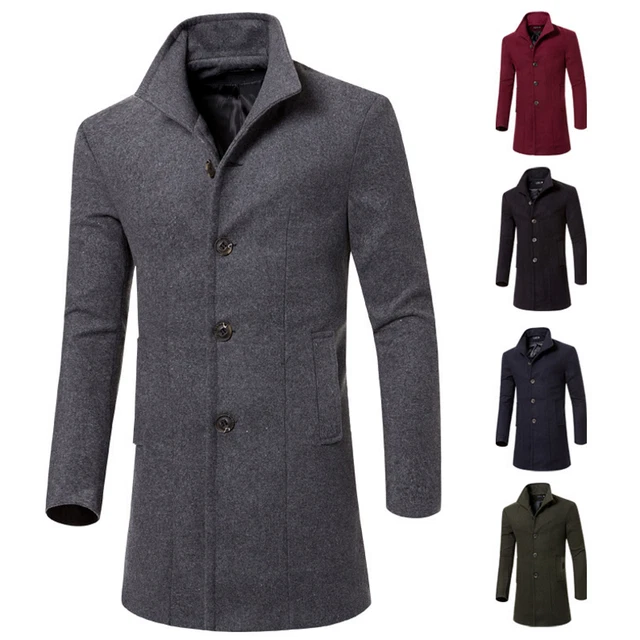 Men's Trench Coat Lapel Jacket Winter Warm Long Outwear Overcoat Single-Breasted