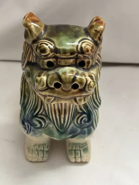 Foo Dog Vintage Figurine Chinese Glazed Blue Green Pottery Ceramics