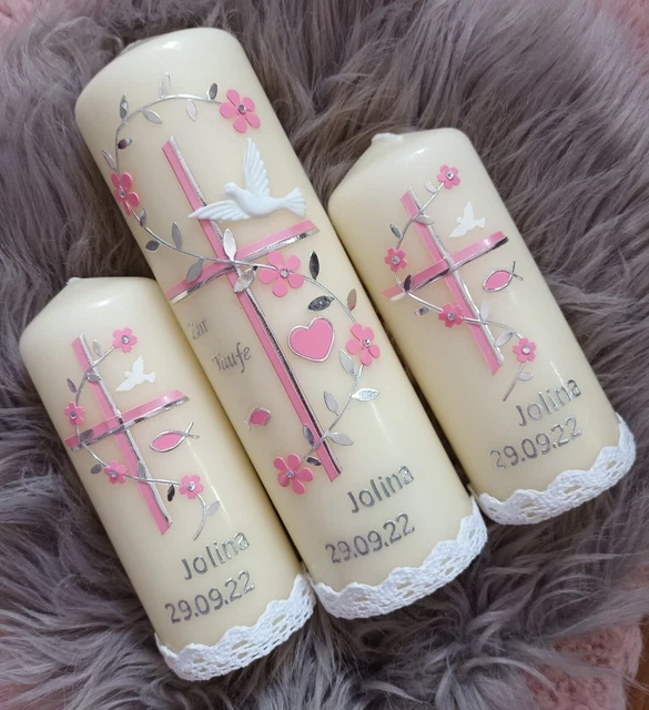 Taufkerze, Kommunionskerze Mädchen rosa silber Neu