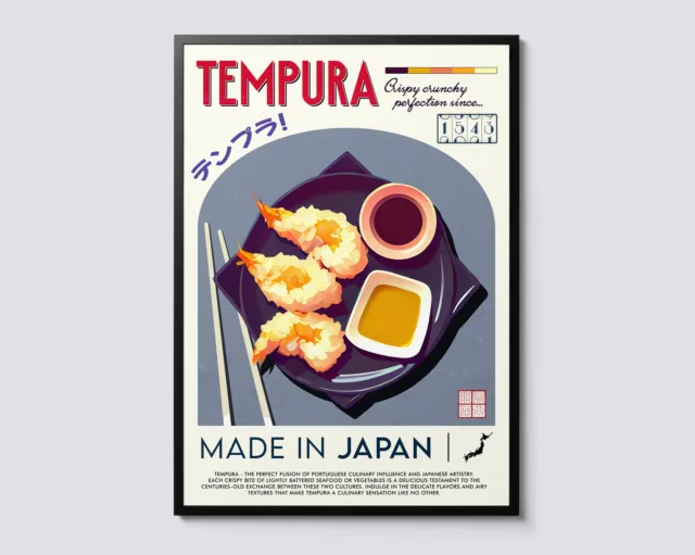Japanese Tempura Cuisine Portrait, Vintage Graphic Illustration Wall Art Decor,