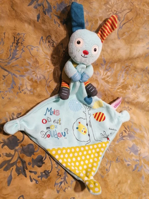 ⭐⭐⭐ Doudou peluche lapin POMMETTE Mais où est mon doudou?bleu mouchoir Neuf*