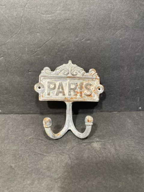 Antique Metal Wall Hook White Finish Paris Double Coat Hat Towel Hanging Vintage