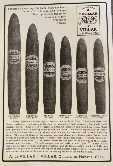 Original Antique 1907 Villar Cuban Cigar Print Ad Havana Cuba