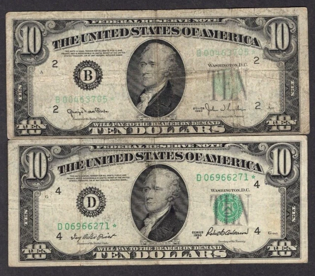 Lot of 2 1950 $10 Ten Dollar Bills Green Seal Star Notes S486