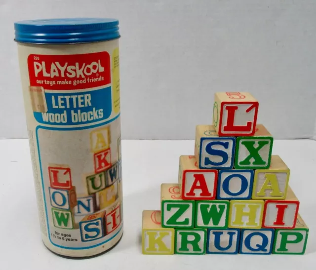 Vintage Playskool Letter Wood Blocks 1974 W/ Container