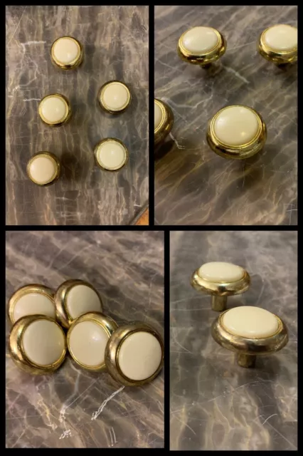 5 Knobs Bright Brass Center Rosette White Cabinet Drawer Mid Century Vintage
