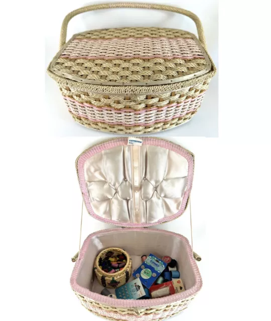 VINTAGE LARGE FOOTED SEWING WICKER BASKET WITH FLORAL LID SATIN LINING  SINGER