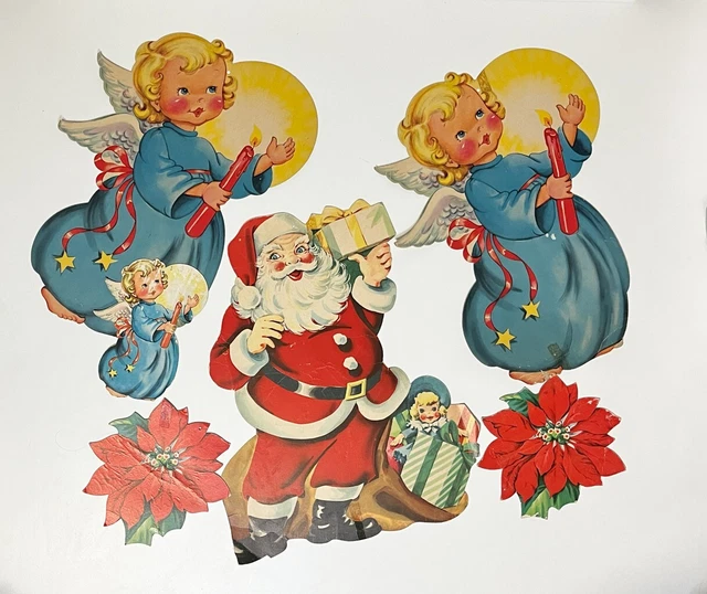 6 Vintage Angel Santa Poinsettia Cardboard Die Cuts Mid Century Christmas Decor