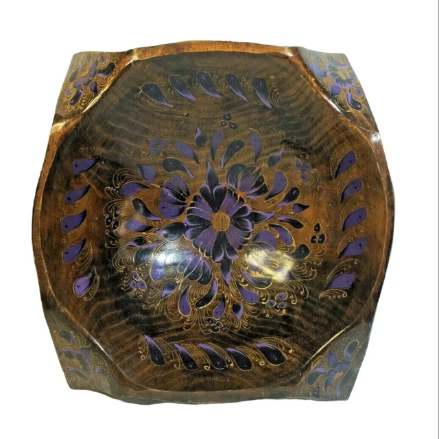 VTG Lacquered Wood Bowl 12" Hand-Painted Floral Purple Gold Folded-Edges