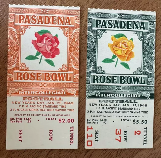 TWO 1949 Rose Bowl Ticket California Golden Bears 14 vs Northwestern Wildcats 20