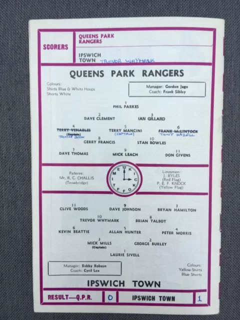 QUEENS PARK RANGERS Vs Ipswich Town. 12Th April 1974. Division One. £0. ...