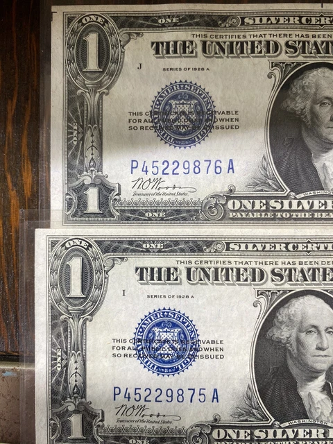 1928 A 1$ Silver Certificate lot UNC FunnyBack Blue Seal-con serial #’s *error?