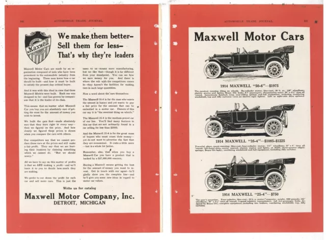 1914 Maxwell Motor Cars 2 Separate Pg. Ad: 50-6, 35-4, 25-4. Detroit, Michigan