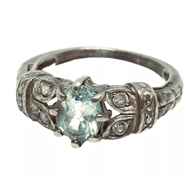 925 Sterling Silver Blue Topaz Cubic Zirconia Cocktail Ring Size 7.25