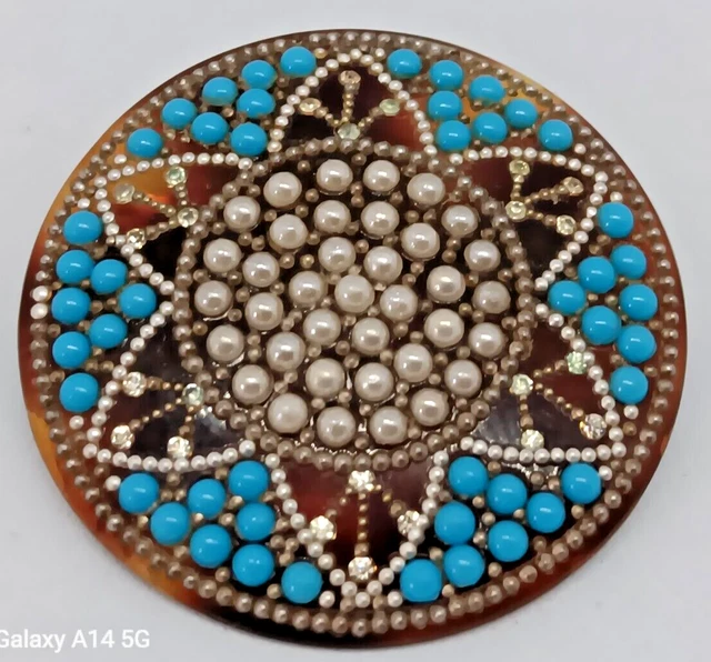 Broche Art Déco Ancienne En Bakélite – Strass Et Perles Turquoise – Occasion – Bijou Vintage