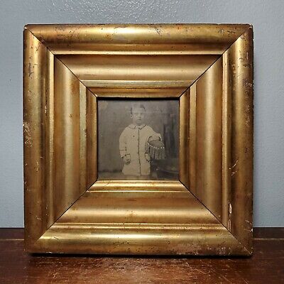 Early Square Lemon Gold Gilt Wood Picture Frame w/ Tintype 19th Century 6 3/8"