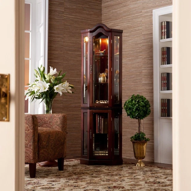 Unique Mahogany Scallop Top Lighted Corner Curio Cabinet