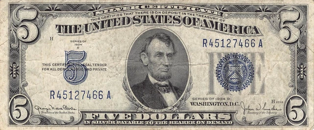 1934-D $5 Silver Certificate Blue Seal Dollar Bill (PM106)