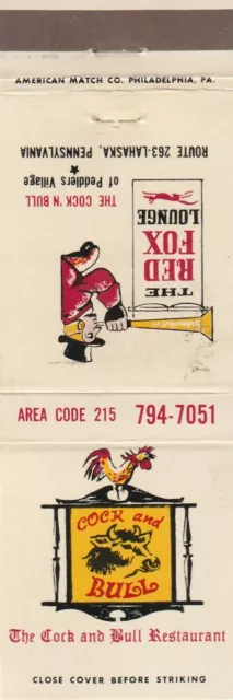 Vintage Matchbook Cover. The Cock & Bull Restaurant. Lahaska, Pa.