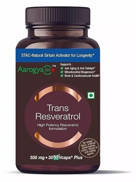 Aarogya360 Pure Trans Resveratrol 500 mg mit BioPerine Anti Aging Skin Care Ant