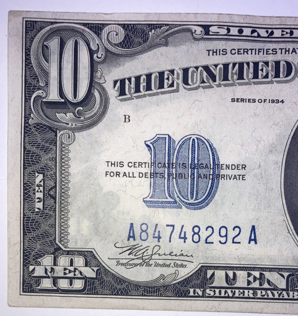 1934 ($10) Ten Dollar Blue Seal Silver Certificate