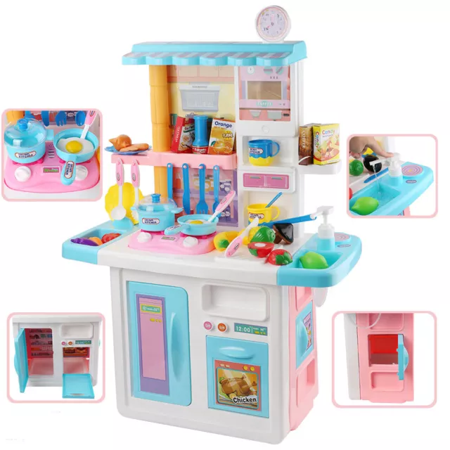 Kids Toddler Kitchen Pretend Play Toy Set Xmas Gift Lights Sound Sink Open Doors