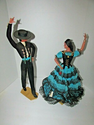 VTG  HUGE 20" TALL MARIN Spanish Flamenco Dancer PAIR DOLLS ORIG STANDS& LABELS