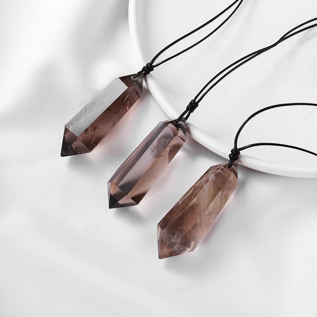 Natural Smoky Crystal Quartz Healing Hexagonal Double Point Pendant Necklace