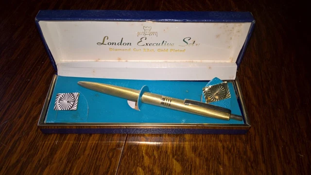 Vintage London Executive Set Diamond Cut 22ct Gold Plated Pen & Cufflinks boxed