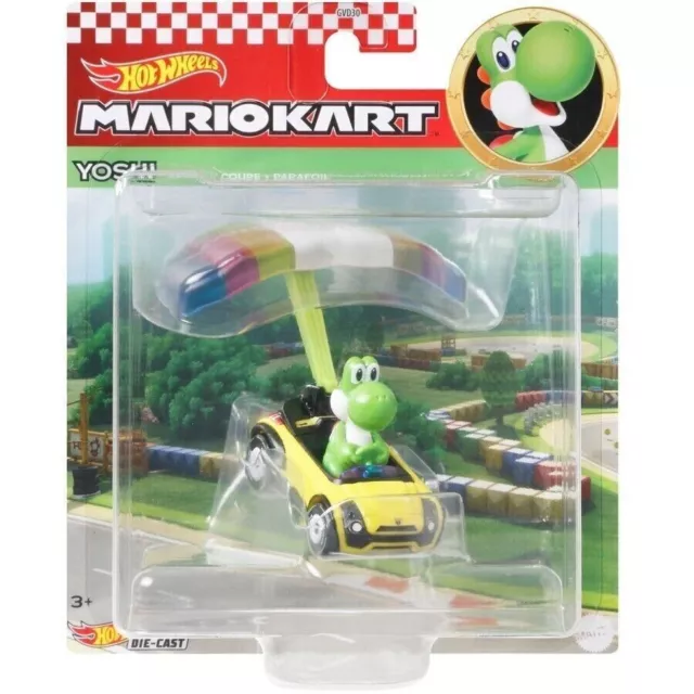 Hot Wheels Mario Kart 1:64 Die Cast Yoshi Sports Coupe + Parafoil