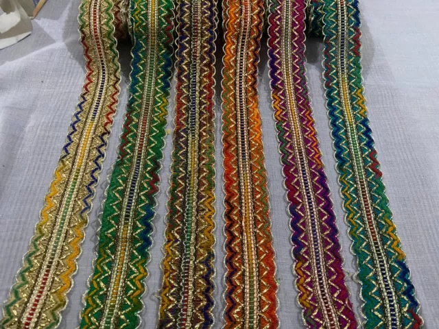 INDIAN PAISLEY GOLD & Multi-coloured velvet zig-zag THREAD EMBROIDERY LACE TRIM