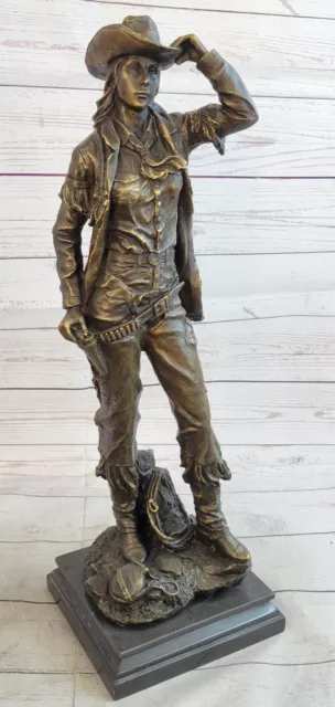 Extra Large Old West Cow Girl Woman Genuine Solid Bronze Sculpture Figurine