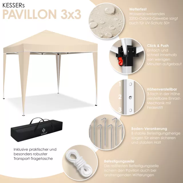 RETOURE Pavillon 3x3m | Pop-Up Klicksystem | Faltpavillon | Gartenzelt Grau 3