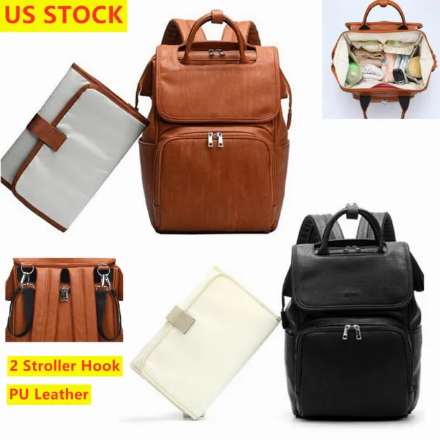 Faux Leather PU Mummy Diaper Backpack, Baby Nappy Travel Bags Changing Pad
