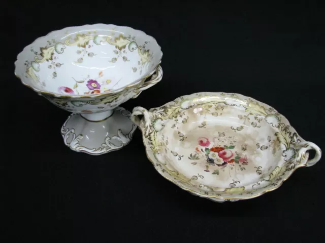 Pair of 1850s English Porcelain Centerpiece Bowls Drab Rim Hand Painted Floral