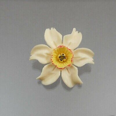Antique or Vintage Carved Celluloid Brooch Early Plastic Daffodil Flower Pin