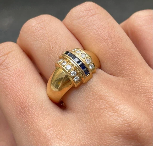 Bague En Or Jaune 18K Sertie De Saphirs Bleus Et Diamants - Taille 54, Référence MP2544, Occasion