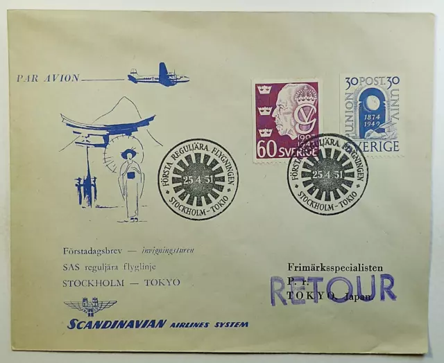 1951 Sweden SAS First Regular Flight Stockholm to Tokyo Japan Airmail Cover