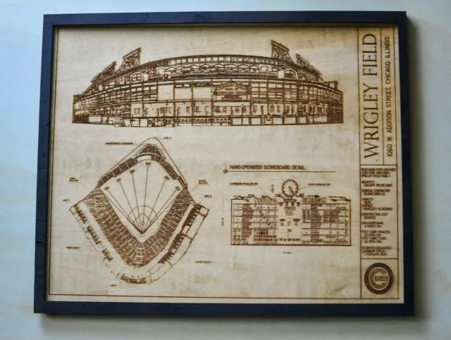 Chicago Cubs Wrigley Field Blueprint Wood Engraved Display