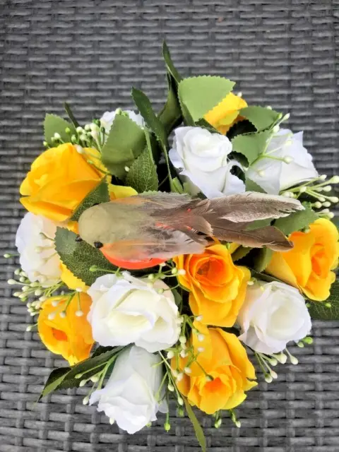 Artificial silk flowers memorial Crem Pot with robin Grave arrangement 2
