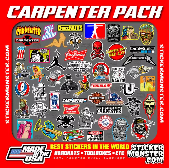 CARPENTER PACK 50+ Hard Hat Stickers HardHat Sticker & Decals, Carpentero