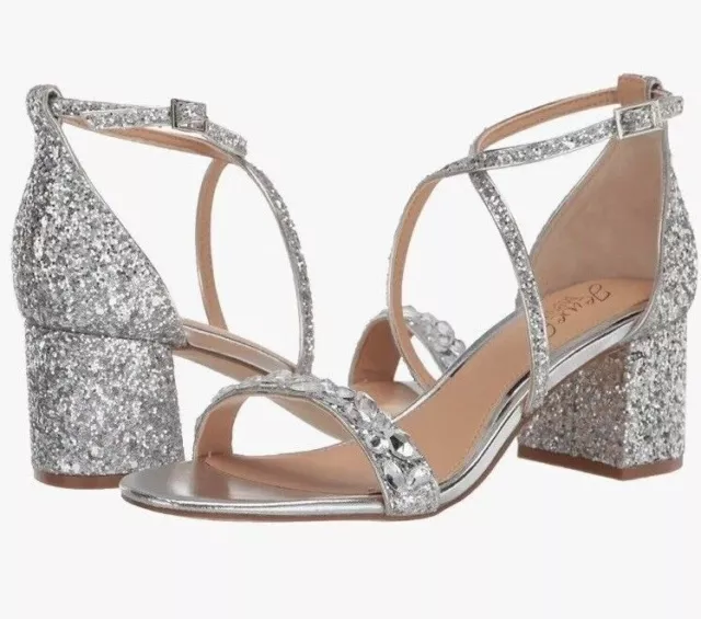 Women's Jewel Badgley Mischka Claudia Silver Glitter Heeled Sandals, Size 8 Nib