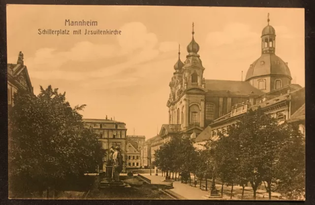 schöne alte Postkarte „Schillerplatz mit Jesuitenkirche“ Mannheim 68159 in BW